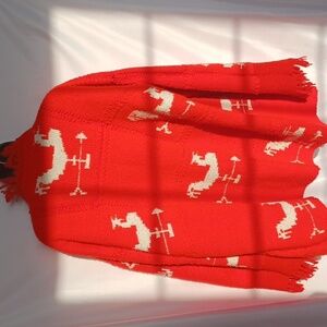 Handmade Crochet ROOSTER weather vane, Cardigan sz XL, red & white